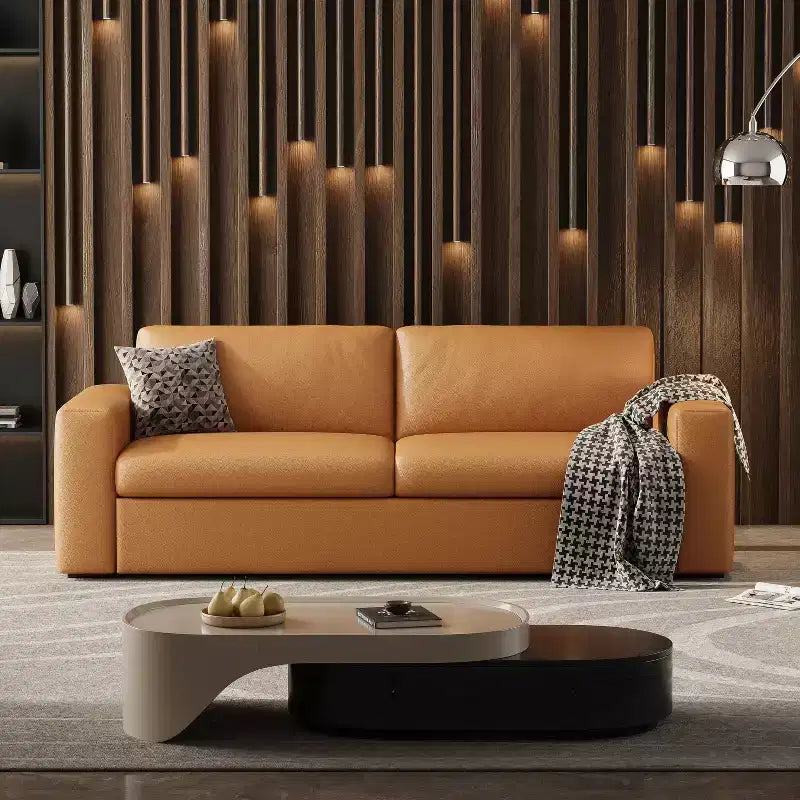 ATJafurn 82.7 Inch Orange Leather Sectional Sofa Couch, Mid-Century Modern Upholstered Loveseat Sofa with Square Arm for Living Room and Small Space