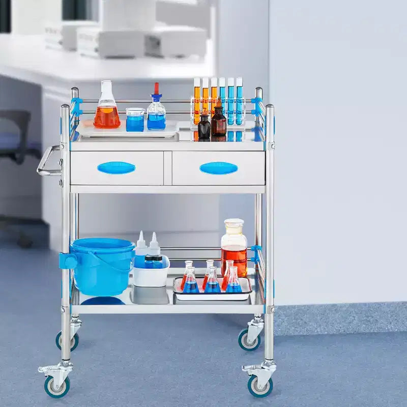 Chariot de service VEVOR, Chariot de service roulant en acier inoxydable à 2 niveaux, Chariot médical avec deux tiroirs, Chariot de service dentaire avec roues verrouillables