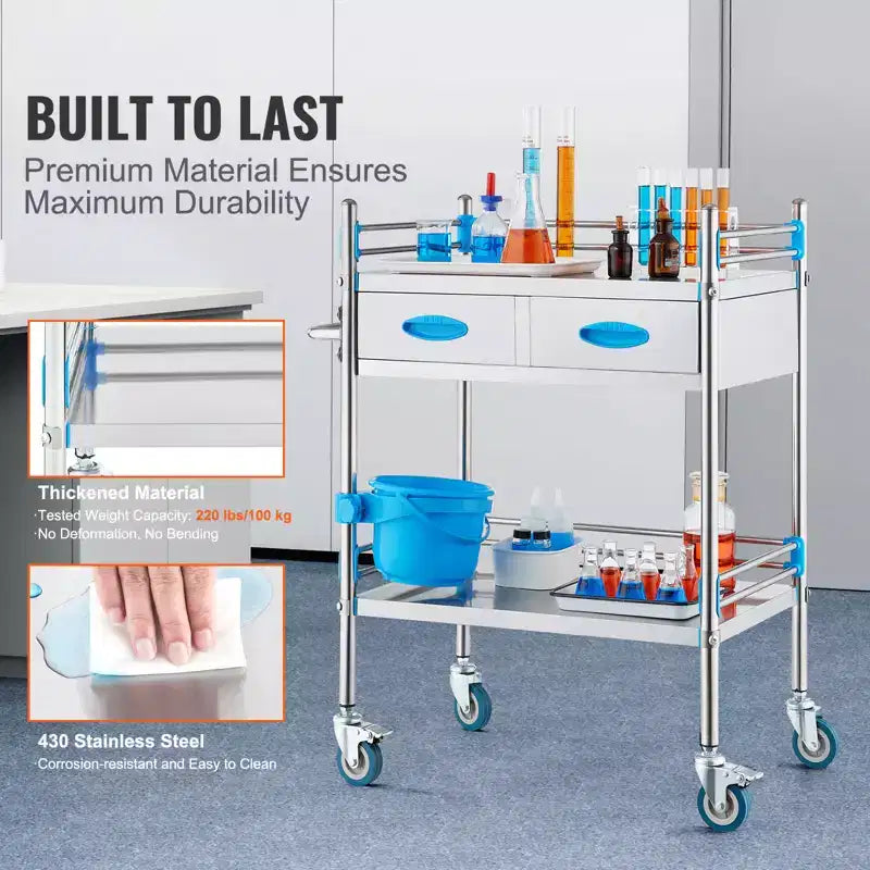 VEVOR Service Cart, 2 Layers Stainless Steel Utility Rolling Cart, Medical Cart with Two Drawers, Dental Utility Cart with Lockable Wheels