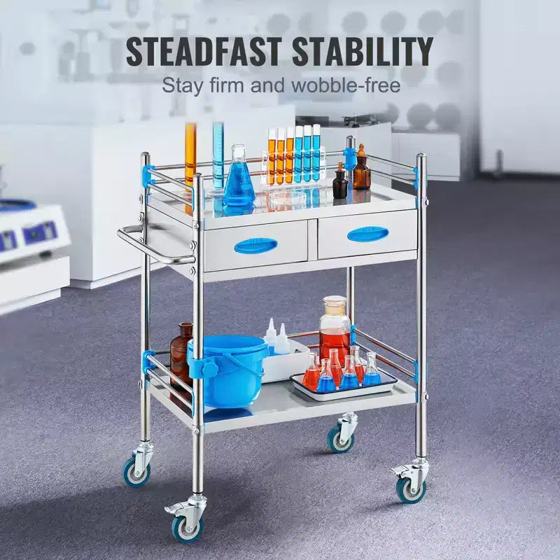 Chariot de service VEVOR, Chariot de service roulant en acier inoxydable à 2 niveaux, Chariot médical avec deux tiroirs, Chariot de service dentaire avec roues verrouillables