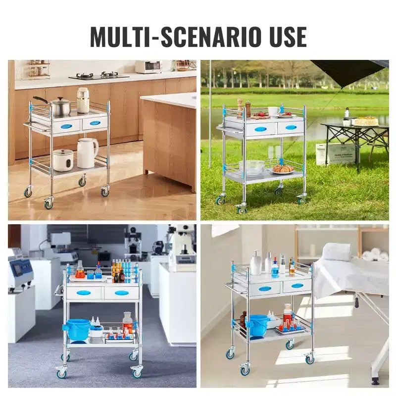 Chariot de service VEVOR, Chariot de service roulant en acier inoxydable à 2 niveaux, Chariot médical avec deux tiroirs, Chariot de service dentaire avec roues verrouillables