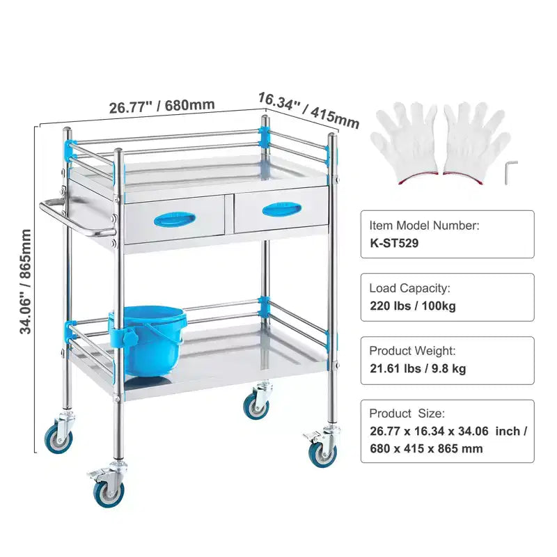 Chariot de service VEVOR, Chariot de service roulant en acier inoxydable à 2 niveaux, Chariot médical avec deux tiroirs, Chariot de service dentaire avec roues verrouillables