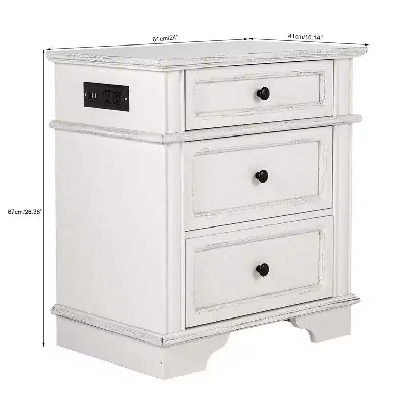 Karl Home 24.02in. W Solid wood 3 drawer nightstand with 2 Usb
