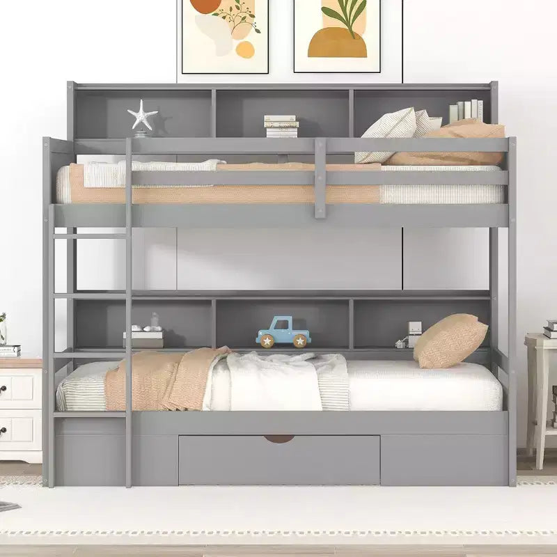 Lit superposé multifonctionnel Okak double avec étagères intégrées Lit mezzanine avec tiroir de rangement en bois massif pour enfants et adolescents, montage facile