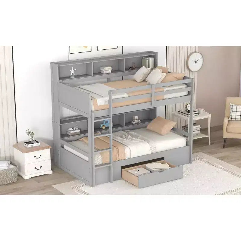 Lit superposé multifonctionnel Okak double avec étagères intégrées Lit mezzanine avec tiroir de rangement en bois massif pour enfants et adolescents, montage facile