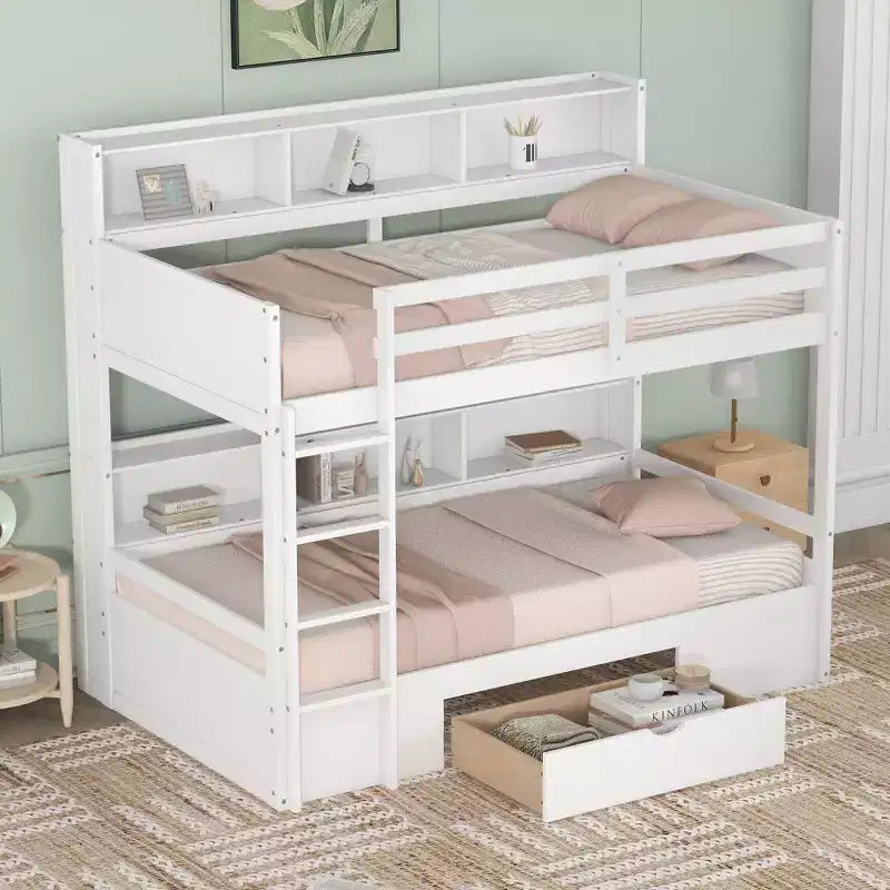 Lit superposé multifonctionnel Okak double avec étagères intégrées Lit mezzanine avec tiroir de rangement en bois massif pour enfants et adolescents, montage facile