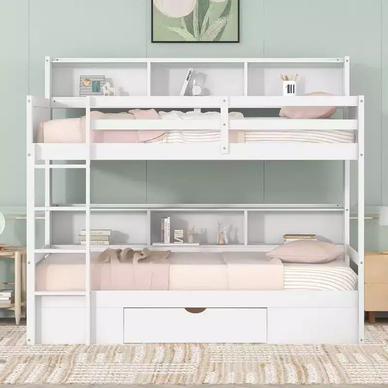 Lit superposé multifonctionnel Okak double avec étagères intégrées Lit mezzanine avec tiroir de rangement en bois massif pour enfants et adolescents, montage facile