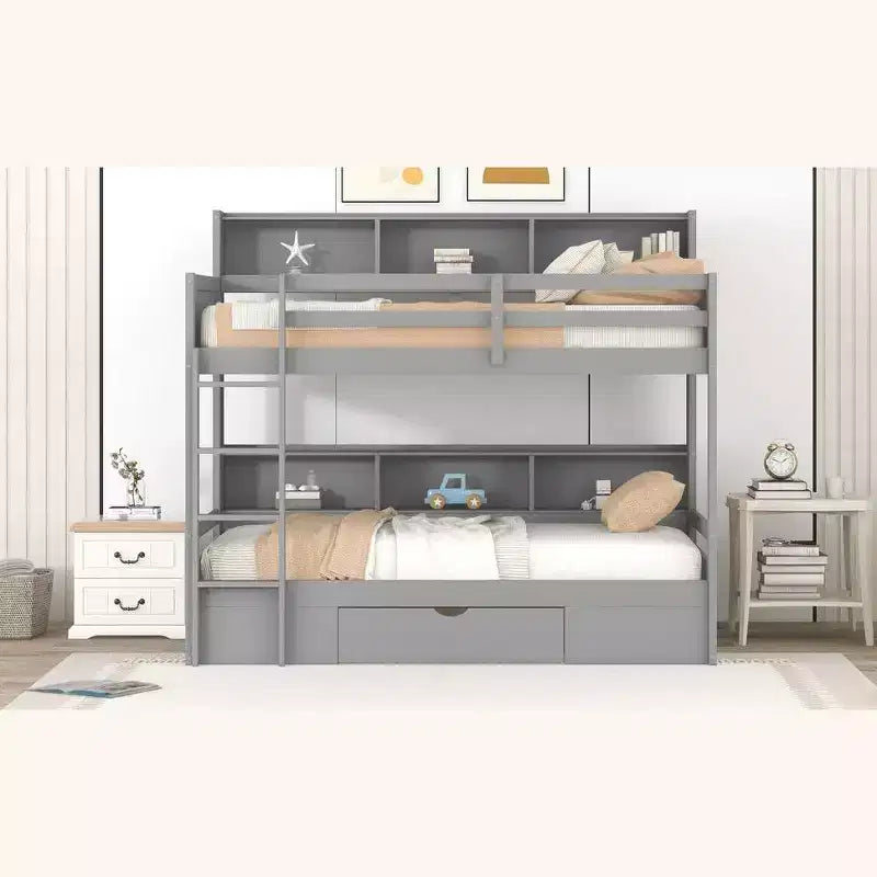 Lit superposé multifonctionnel Okak double avec étagères intégrées Lit mezzanine avec tiroir de rangement en bois massif pour enfants et adolescents, montage facile
