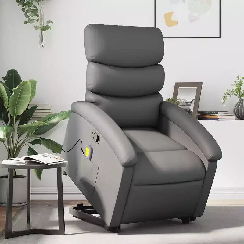 vidaXL Stand-Up Gray Faux Leather Power Lift Massage Recliner with Manual Recline - Comfortable Senior Seating for Living Room