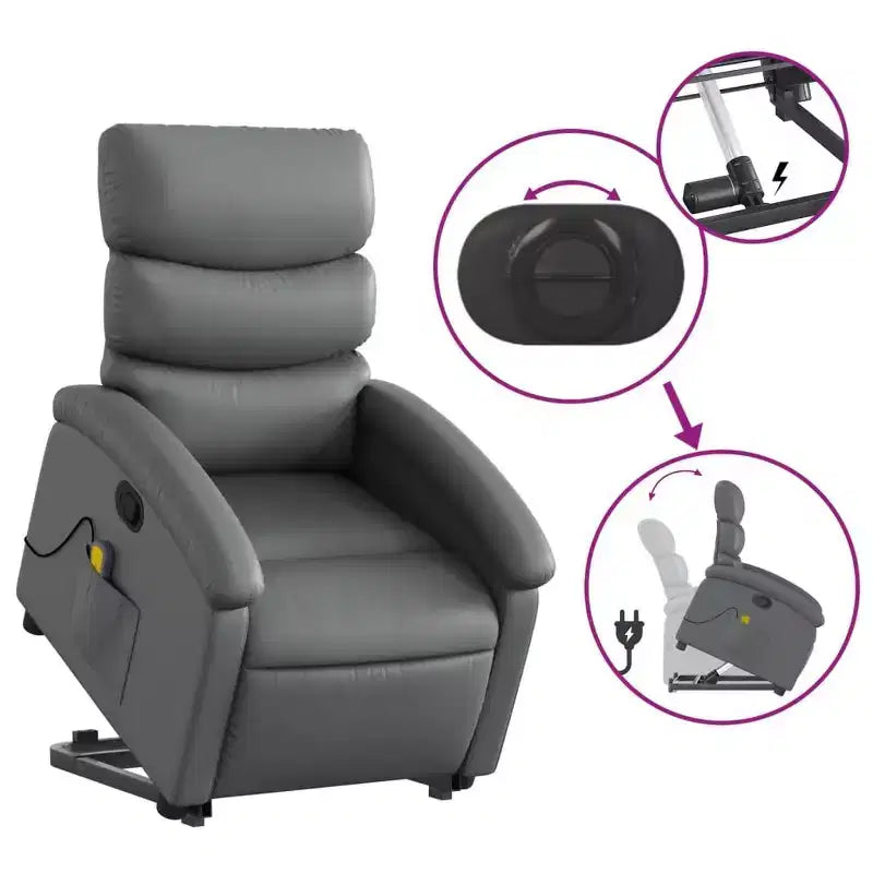vidaXL Stand-Up Gray Faux Leather Power Lift Massage Recliner with Manual Recline - Comfortable Senior Seating for Living Room