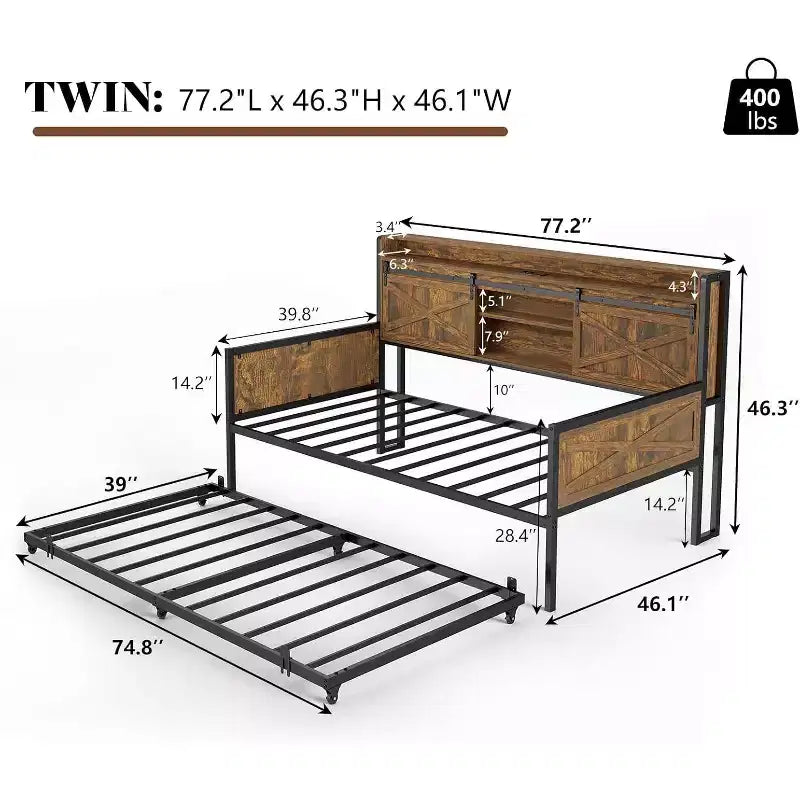 Divano Letto Singolo con Letto Estraibile e Testiera con Contenitore