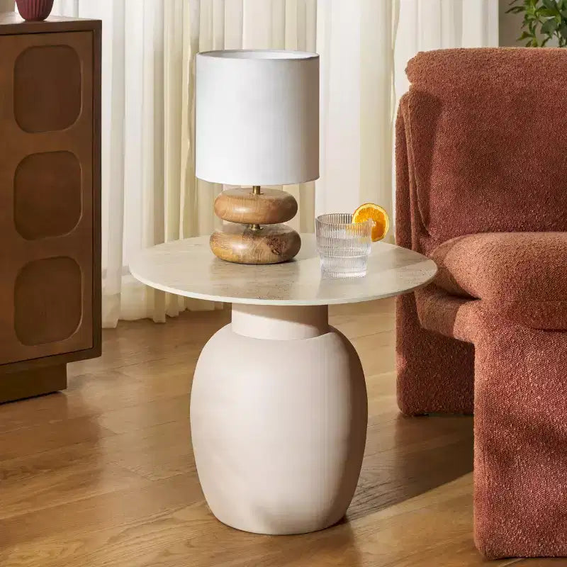 Tavolino d'appoggio rotondo con ripiano in ceramica – Beige, struttura in ferro