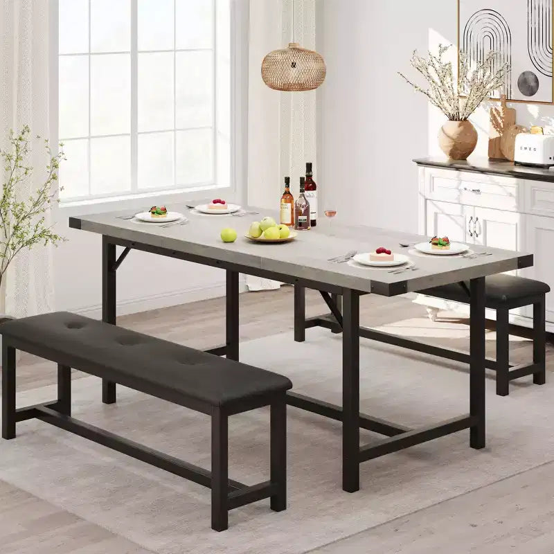 3PCS Dining Table Set, Extendable Kitchen Table with 2 Benches, Wooden Dining Room Table Set for 4-6, Space Saving Dinette Set for Home, Apartment