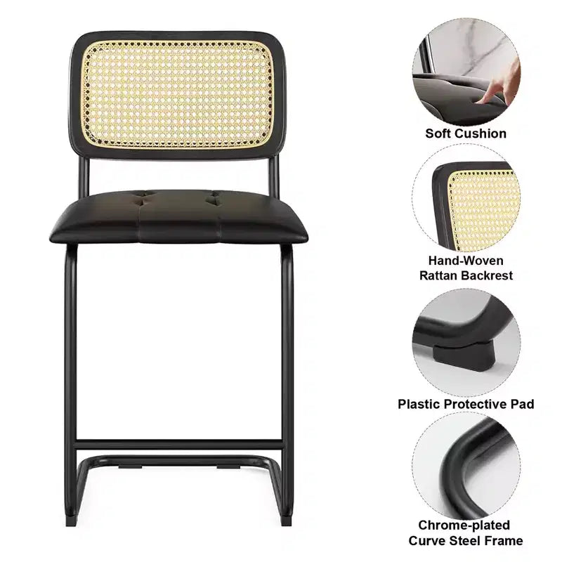 Sgabelli da Bar Altezza Bancone 61 cm Set da 2, con Schienale in Pelle PU e Rattan