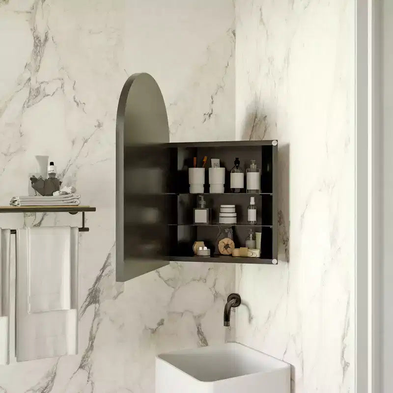 Metal Corner Medicine Cabinet with Arched Mirror, Adjustable Glass Shelves, Space-Saving Bathroom Storage Organizer