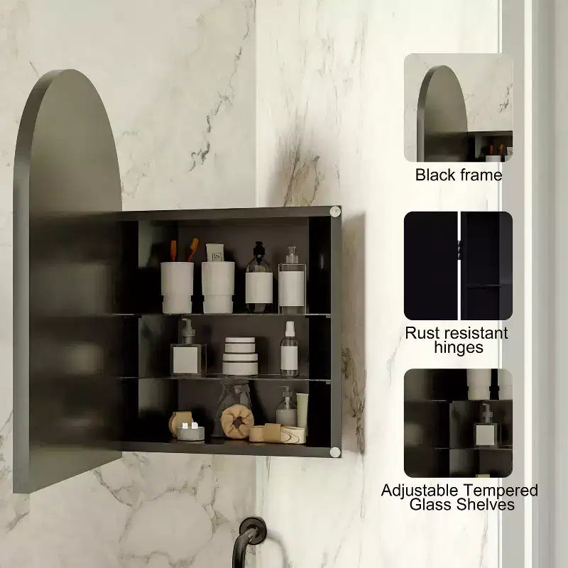 Metal Corner Medicine Cabinet with Arched Mirror, Adjustable Glass Shelves, Space-Saving Bathroom Storage Organizer