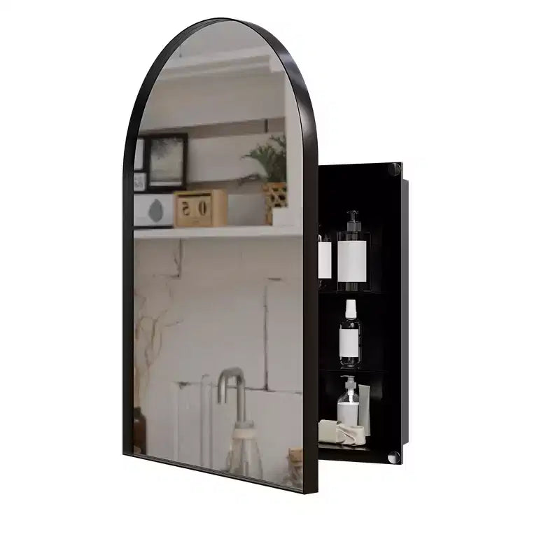 Metal Corner Medicine Cabinet with Arched Mirror, Adjustable Glass Shelves, Space-Saving Bathroom Storage Organizer