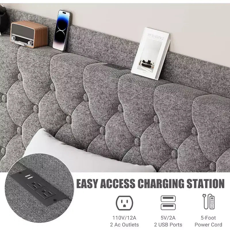 Modern King Upholstered Bed - USB Charging Headboard with Storage, Button Tufted & Noise-Free, No Box Spring (Dark Gray)