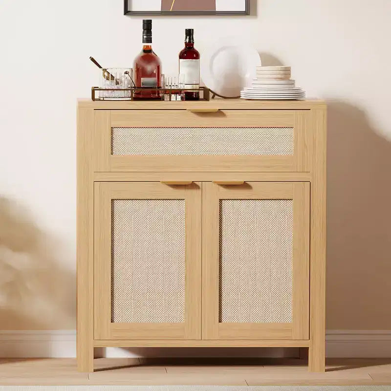 Rattan Sideboard Buffet Cabinet, Coffee Bar Cabinet with Drawer & Adjustable Shelves, TV Stand Console Table, Kitchen Pantry Cabinet