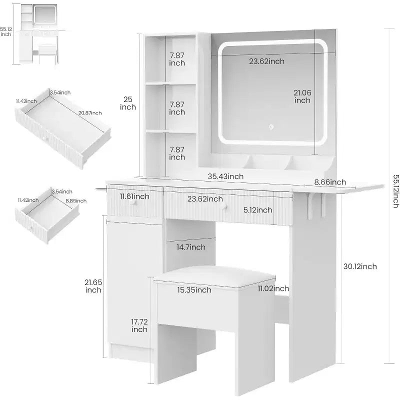 Coiffeuse CuisinSmart, Coiffeuse avec 3 Modes d'Éclairage, Tiroirs et Étagères de Rangement, Tabouret de Rangement, Coiffeuse pour Chambre à Coucher