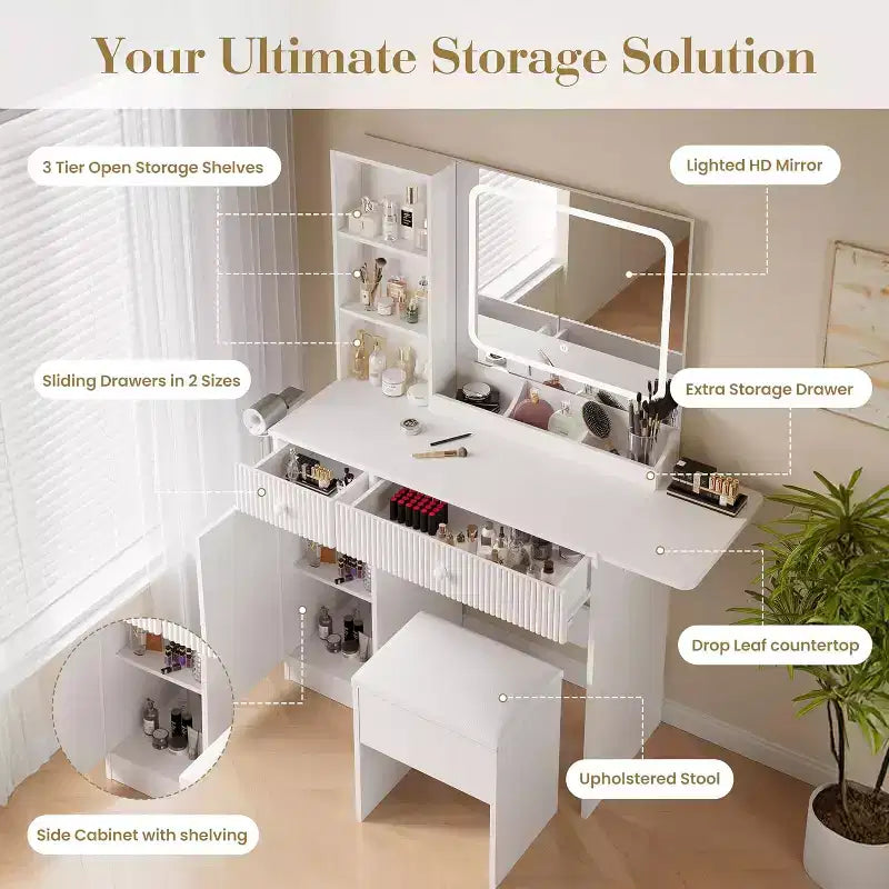 Coiffeuse CuisinSmart, Coiffeuse avec 3 Modes d'Éclairage, Tiroirs et Étagères de Rangement, Tabouret de Rangement, Coiffeuse pour Chambre à Coucher