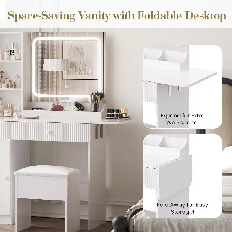 Coiffeuse CuisinSmart, Coiffeuse avec 3 Modes d'Éclairage, Tiroirs et Étagères de Rangement, Tabouret de Rangement, Coiffeuse pour Chambre à Coucher