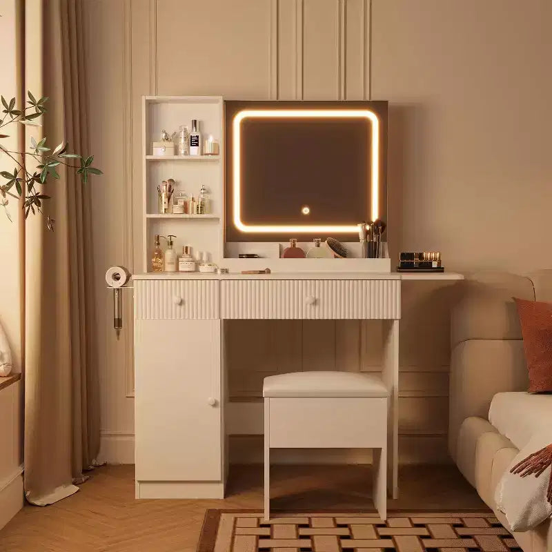Coiffeuse CuisinSmart, Coiffeuse avec 3 Modes d'Éclairage, Tiroirs et Étagères de Rangement, Tabouret de Rangement, Coiffeuse pour Chambre à Coucher