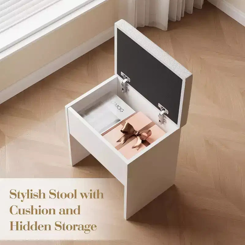 Coiffeuse CuisinSmart, Coiffeuse avec 3 Modes d'Éclairage, Tiroirs et Étagères de Rangement, Tabouret de Rangement, Coiffeuse pour Chambre à Coucher