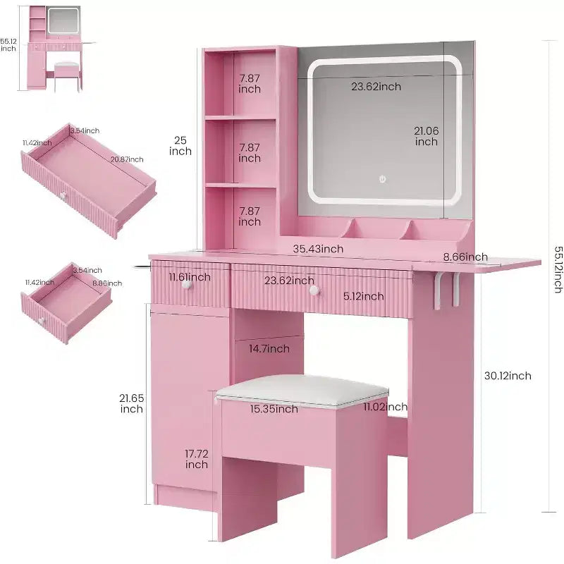 Coiffeuse CuisinSmart, Coiffeuse avec 3 Modes d'Éclairage, Tiroirs et Étagères de Rangement, Tabouret de Rangement, Coiffeuse pour Chambre à Coucher