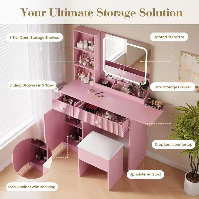 Coiffeuse CuisinSmart, Coiffeuse avec 3 Modes d'Éclairage, Tiroirs et Étagères de Rangement, Tabouret de Rangement, Coiffeuse pour Chambre à Coucher