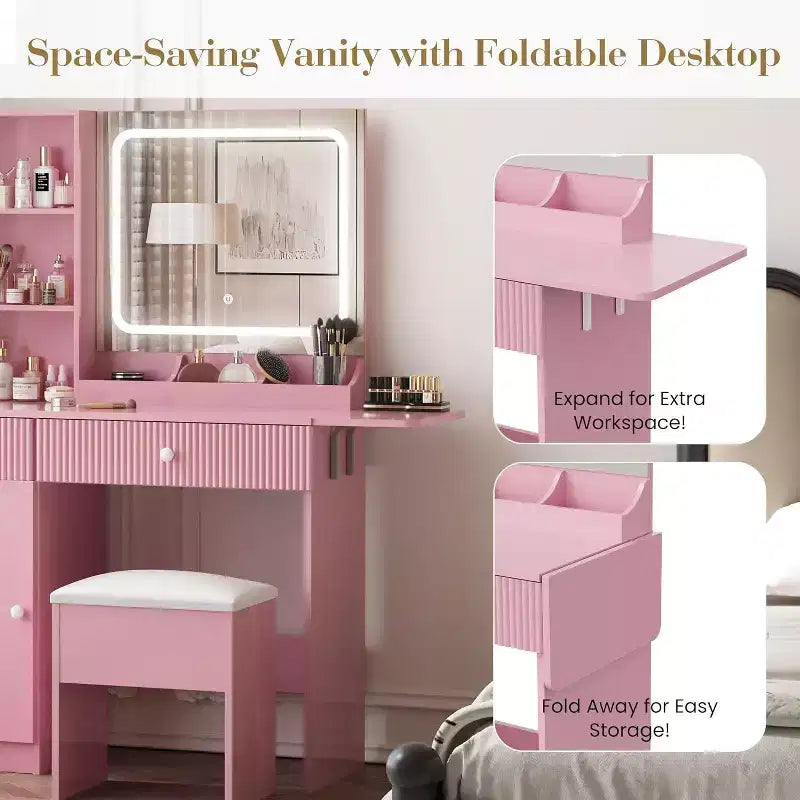 Coiffeuse CuisinSmart, Coiffeuse avec 3 Modes d'Éclairage, Tiroirs et Étagères de Rangement, Tabouret de Rangement, Coiffeuse pour Chambre à Coucher