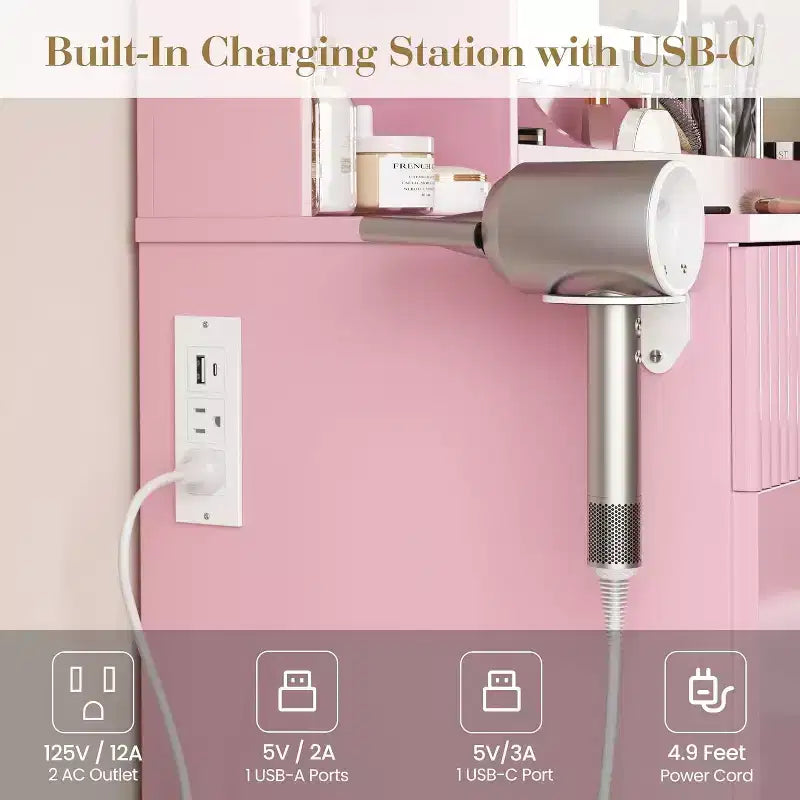 Coiffeuse CuisinSmart, Coiffeuse avec 3 Modes d'Éclairage, Tiroirs et Étagères de Rangement, Tabouret de Rangement, Coiffeuse pour Chambre à Coucher