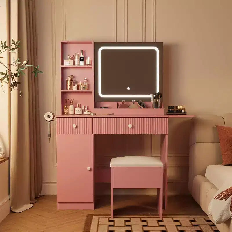 Coiffeuse CuisinSmart, Coiffeuse avec 3 Modes d'Éclairage, Tiroirs et Étagères de Rangement, Tabouret de Rangement, Coiffeuse pour Chambre à Coucher
