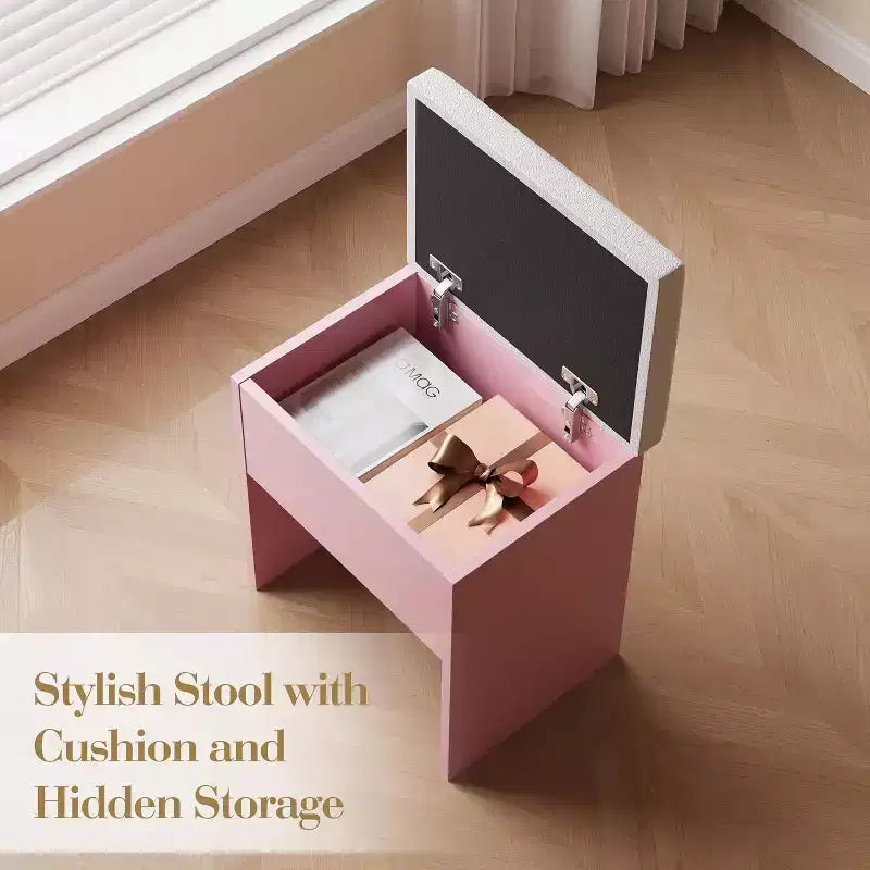 Coiffeuse CuisinSmart, Coiffeuse avec 3 Modes d'Éclairage, Tiroirs et Étagères de Rangement, Tabouret de Rangement, Coiffeuse pour Chambre à Coucher