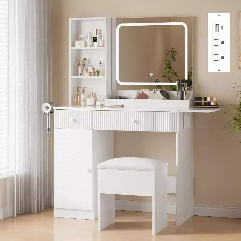 Coiffeuse CuisinSmart, Coiffeuse avec 3 Modes d'Éclairage, Tiroirs et Étagères de Rangement, Tabouret de Rangement, Coiffeuse pour Chambre à Coucher