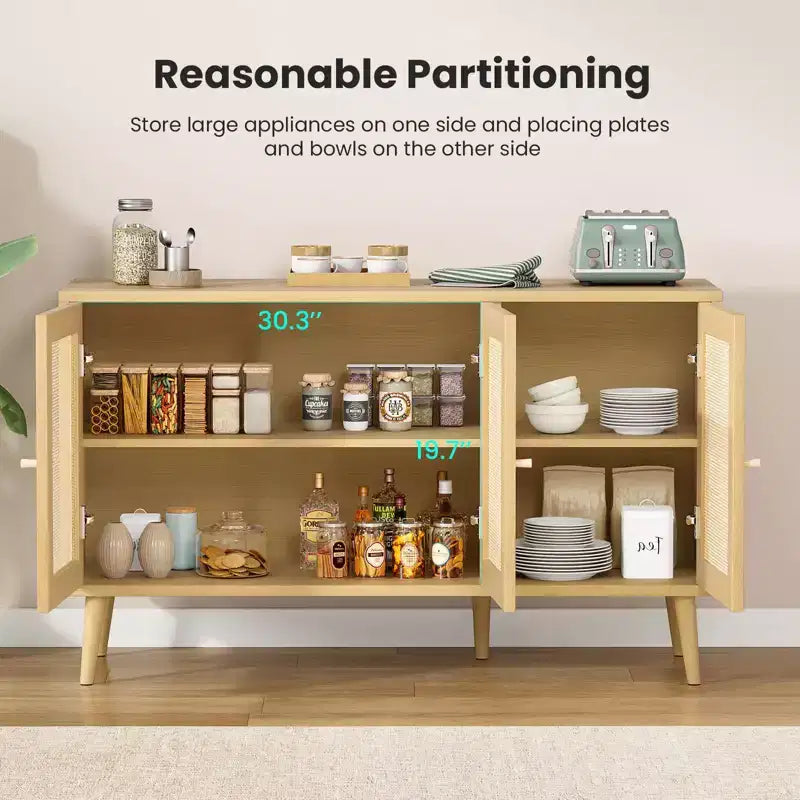 PexFix Buffet de Salle à Manger Meuble de Cuisine avec 3 Portes en Rotin et Étagères Réglables