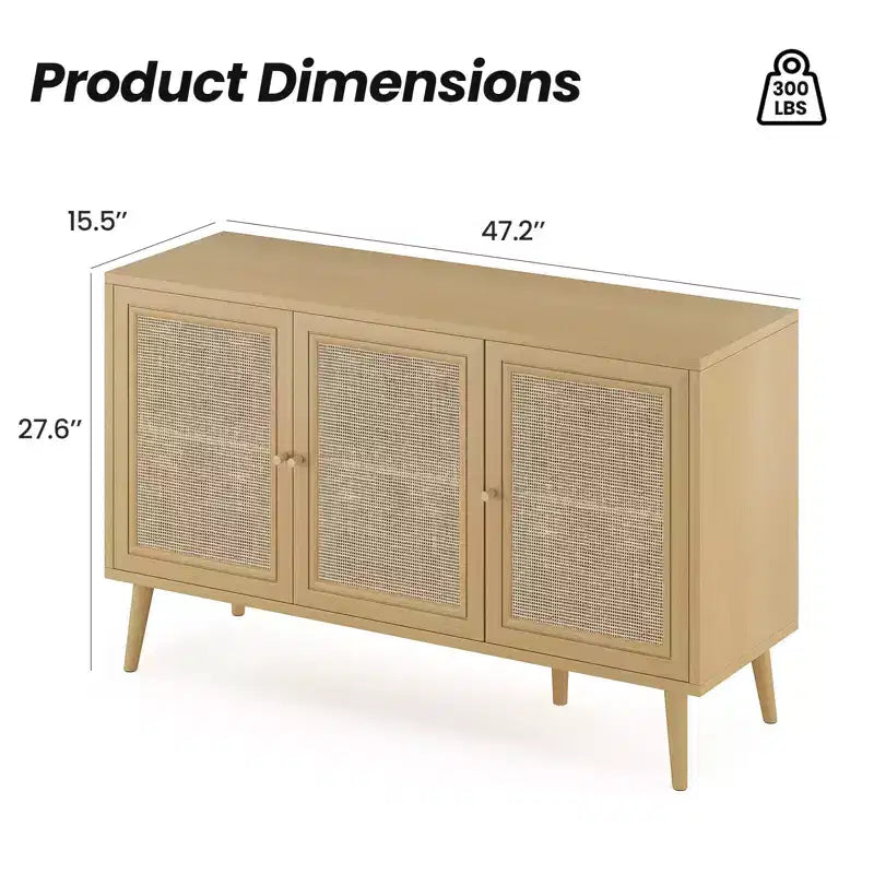 PexFix Buffet de Salle à Manger Meuble de Cuisine avec 3 Portes en Rotin et Étagères Réglables