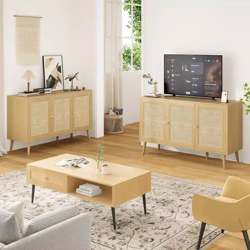 PexFix Sideboard Buffet Cabinet Kitchen Cabinet with 3 Rattan Doors and Adjustable Shelves