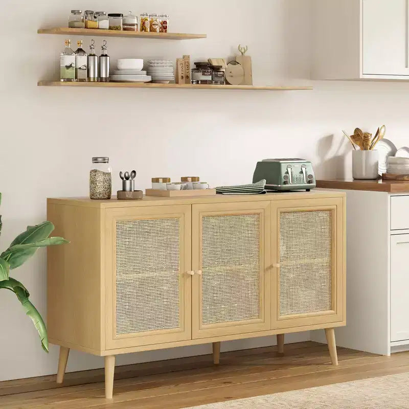 PexFix Buffet de Salle à Manger Meuble de Cuisine avec 3 Portes en Rotin et Étagères Réglables