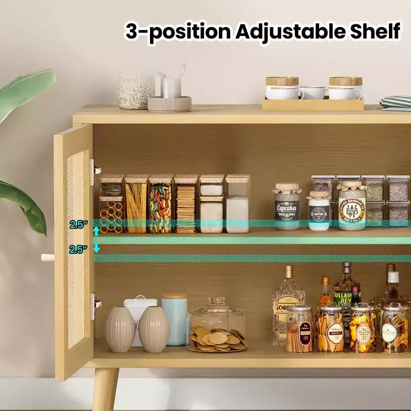 PexFix Buffet de Salle à Manger Meuble de Cuisine avec 3 Portes en Rotin et Étagères Réglables