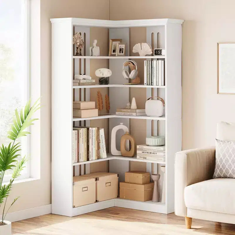 Étagère d'angle CuisinSmart style ferme, avec 5 niveaux, bibliothèque haute, étagère en forme de L, grande étagère de présentation