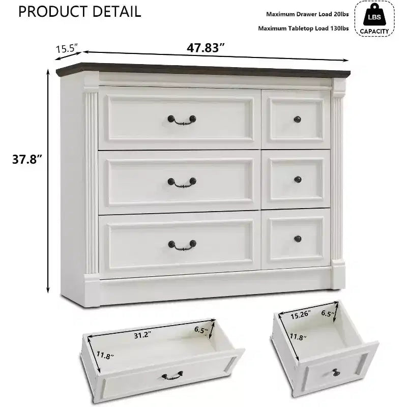 Mastgoal 48 Commode de Ferme à 6 Tiroirs, Rangement de Placard Rustique en Bois avec Colonne Romaine pour Chambre