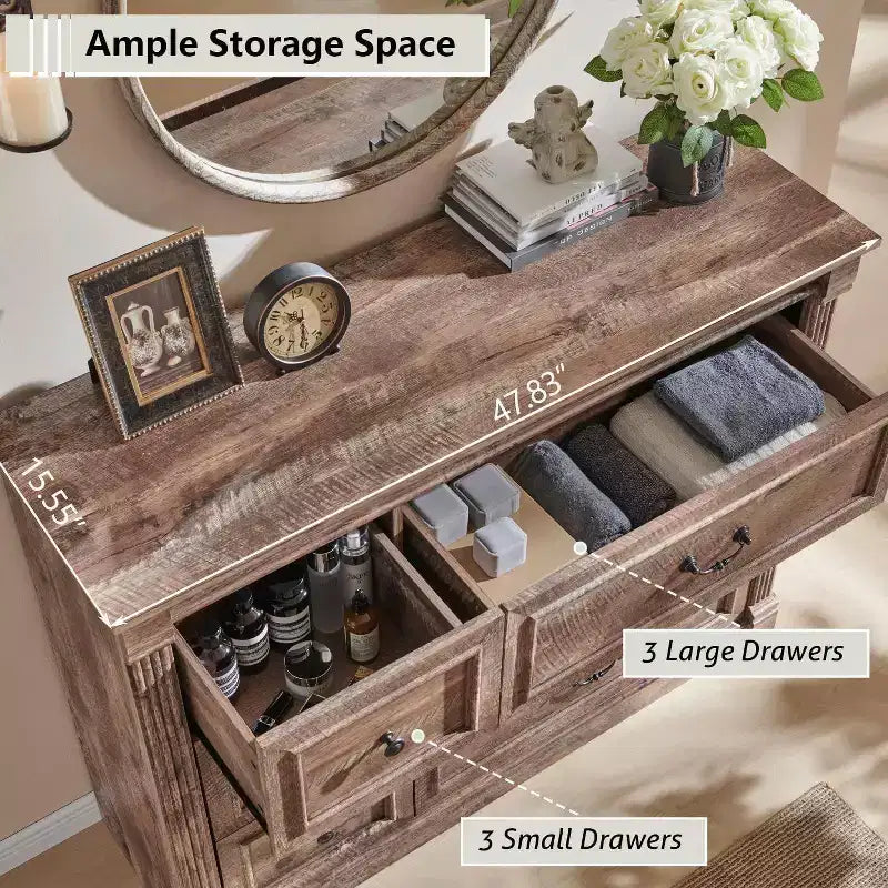 Mastgoal 48 Commode de Ferme à 6 Tiroirs, Rangement de Placard Rustique en Bois avec Colonne Romaine pour Chambre