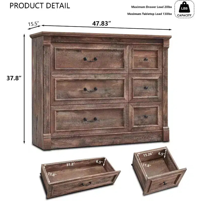 Mastgoal 48 Commode de Ferme à 6 Tiroirs, Rangement de Placard Rustique en Bois avec Colonne Romaine pour Chambre