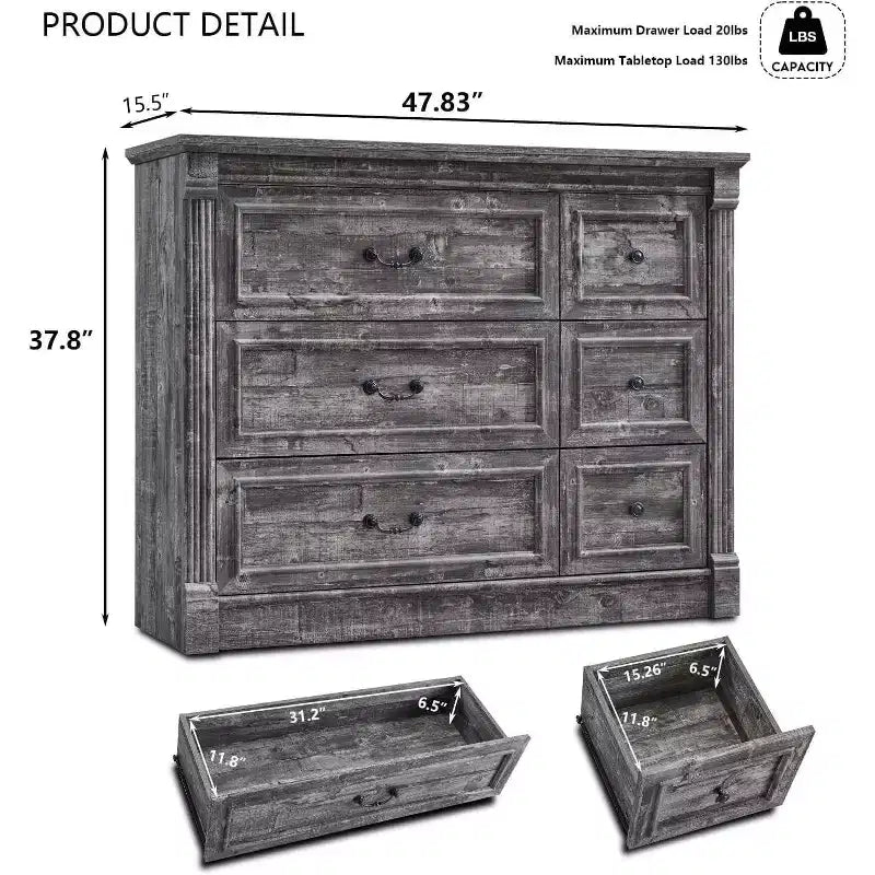 Mastgoal 48 Commode de Ferme à 6 Tiroirs, Rangement de Placard Rustique en Bois avec Colonne Romaine pour Chambre