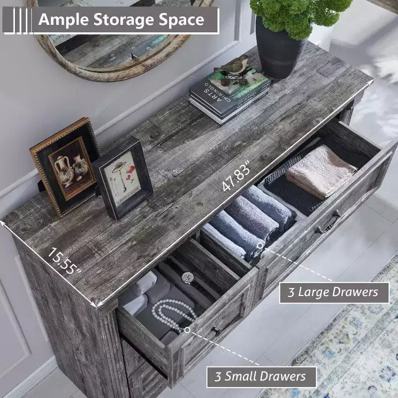 Mastgoal 48 Commode de Ferme à 6 Tiroirs, Rangement de Placard Rustique en Bois avec Colonne Romaine pour Chambre