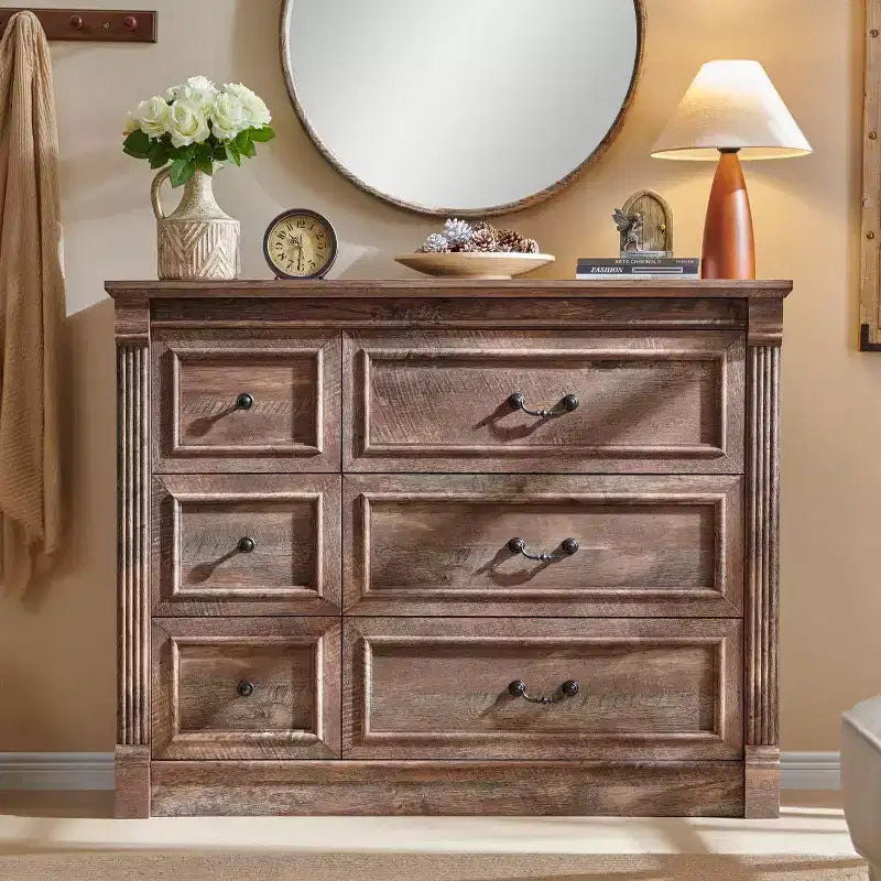 Mastgoal 48 Commode de Ferme à 6 Tiroirs, Rangement de Placard Rustique en Bois avec Colonne Romaine pour Chambre