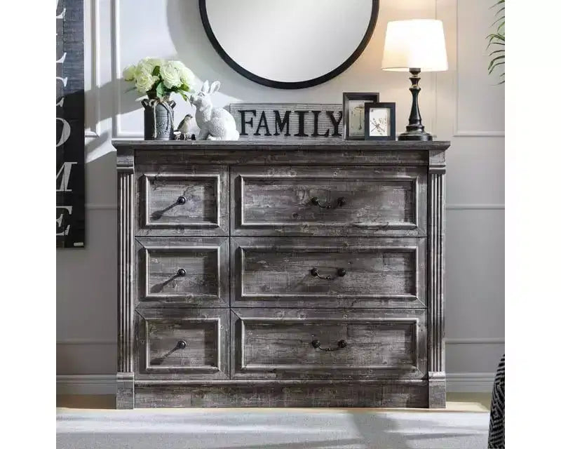 Mastgoal 48 Commode de Ferme à 6 Tiroirs, Rangement de Placard Rustique en Bois avec Colonne Romaine pour Chambre