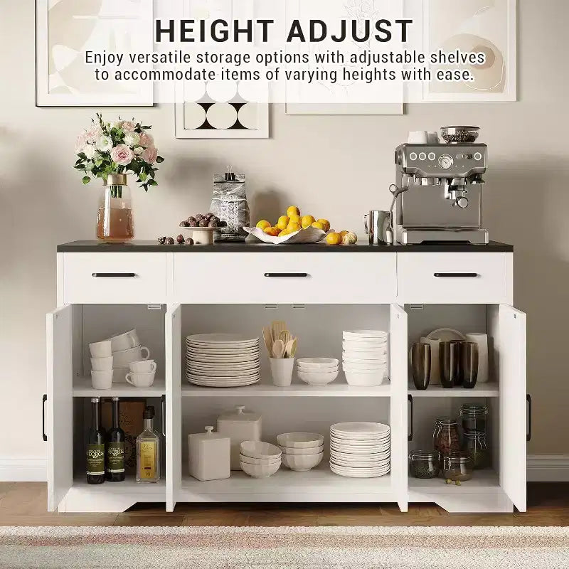 55Inch Large Sideboard Buffet Storage Cabinet, with 3-Drawer and 4 Doors, Buffet cabinets, Farmhouse Coffee Bar Cabinet
