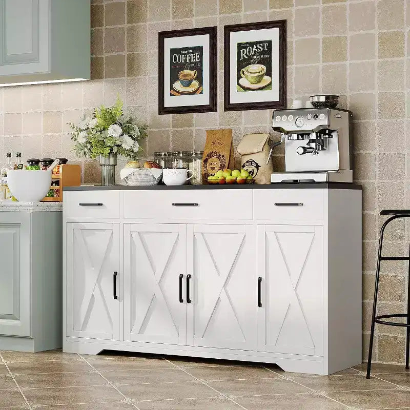 55Inch Large Sideboard Buffet Storage Cabinet, with 3-Drawer and 4 Doors, Buffet cabinets, Farmhouse Coffee Bar Cabinet